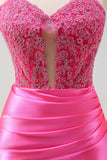 Fuchsia Sweetheart Mermaid Satin Long Corset Prom Dress with Appliques