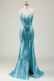 Sparkly Blue Mermaid Spaghetti Straps Long Prom Dress with Sequins