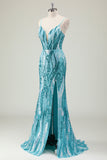 Sparkly Blue Mermaid Spaghetti Straps Long Prom Dress with Sequins