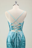 Sparkly Blue Mermaid Spaghetti Straps Long Prom Dress with Sequins