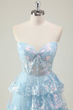 Glitter Blue A Line Strapless Sequin Corset Tiered Long Prom Dress