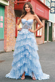 Strapless Blue A Line Sequin Corset Tiered Long Prom Dress