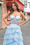 Strapless Blue A Line Sequin Corset Tiered Long Prom Dress