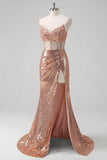 Sparkly Rose Golden Mermaid Corset Long Prom Dress With Sequins