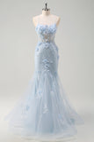 Blue Mermaid Corset Tulle Long Plus Size Prom Dress with 3D Flowers
