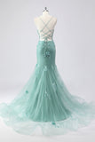 Blue Mermaid Corset Tulle Long Plus Size Prom Dress with 3D Flowers