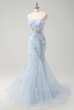 Blue Mermaid Corset Tulle Long Plus Size Prom Dress with 3D Flowers