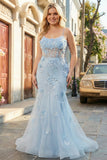 Blue Mermaid Spaghetti Straps Tulle Long Corset Prom Dress with 3D Flowers