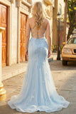 Blue Mermaid Spaghetti Straps Tulle Long Corset Prom Dress with 3D Flowers