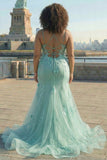 Blue Mermaid Spaghetti Straps Tulle Long Corset Prom Dress with 3D Flowers