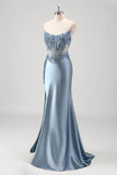 Sparkly Grey Blue Mermaid Beaded Strapless Metallic Prom Dress with Slit