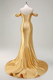 Sparkly Golden Mermaid Cold Shoulder Sequined Ruched Satin Long Prom Dress