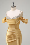 Sparkly Golden Mermaid Cold Shoulder Sequined Ruched Satin Long Prom Dress