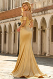 Golden Mermaid Ruched Cold Shoulder Satin Long Prom Dress with Sequins