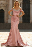Golden Mermaid Ruched Cold Shoulder Satin Long Prom Dress with Sequins
