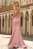 Golden Mermaid Ruched Cold Shoulder Satin Long Prom Dress with Sequins