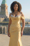 Sparkly Golden Cold Shoulder Sequined Mermaid Satin Long Plus Size Prom Dress