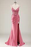 Sparkly Coral Mermaid Sequins Spaghetti Straps Corset Long Prom Dress with Slit