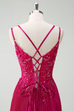 Fuchsia Sheath Spaghetti Straps Pleated Long Corset Prom Dress with Appliques