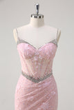 Pink Mermaid Spaghetti Straps Sequined Floral Corset Prom Dress with Beading