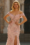 Off The Shoulder Mermaid Blush Side Slit Long Prom Dress with 3D Flowers