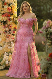 Taro A-Line Off The Shoulder Corset Slit Long Prom Dress With 3D Flowers