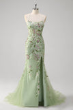 Green Mermaid Halter Corset Appliqued Long Prom Dress With Slit