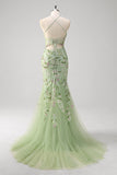 Green Mermaid Halter Corset Appliqued Long Prom Dress With Slit