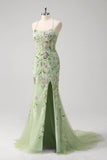Green Mermaid Corset Embroidered Long Plus Size Prom Dress with Slit