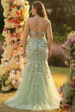 Green Mermaid Halter Corset Appliqued Long Prom Dress With Slit