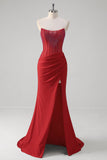 Beaded Strapless Mermaid Corset Long Red Prom Dress with Slit