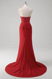 Beaded Strapless Mermaid Corset Long Red Prom Dress with Slit