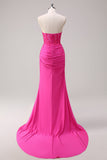 Corset Fuchsia Mermaid Strapless Ruched Corset Long Prom Dress with Slit