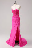 Corset Fuchsia Mermaid Strapless Ruched Corset Long Prom Dress with Slit