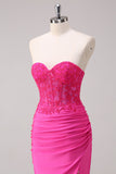 Corset Fuchsia Mermaid Strapless Ruched Corset Long Prom Dress with Slit