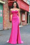 Mermaid Applique Strapless Corset Long Fuchsia Prom Dress with Slit