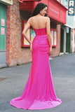 Mermaid Applique Strapless Corset Long Fuchsia Prom Dress with Slit