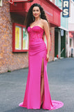 Mermaid Applique Strapless Corset Long Fuchsia Prom Dress with Slit