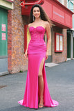 Mermaid Applique Strapless Corset Long Fuchsia Prom Dress with Slit