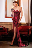 Sparkly Blue Mermaid Corset Satin Long Prom Dress with Slit