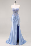 Mermaid Burgundy Strapless Sequin Long Prom Dress with Beading