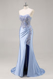 Mermaid Burgundy Strapless Sequin Long Prom Dress with Beading