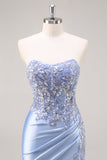 Mermaid Burgundy Strapless Sequin Long Prom Dress with Beading