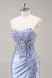 Mermaid Burgundy Strapless Sequin Long Prom Dress with Beading