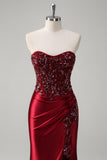 Mermaid Burgundy Strapless Sequin Long Prom Dress with Beading