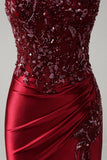 Mermaid Burgundy Strapless Sequin Long Prom Dress with Beading