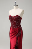 Mermaid Burgundy Strapless Sequin Long Prom Dress with Beading