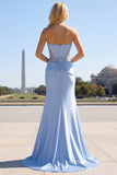 Blue Mermaid Strapless Sequin Long Prom Dress with Beading