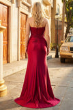 Mermaid Burgundy Strapless Sequin Long Prom Dress with Beading