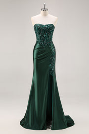 Dark Green Mermaid Strapless Sequin Long Prom Dress with Beading